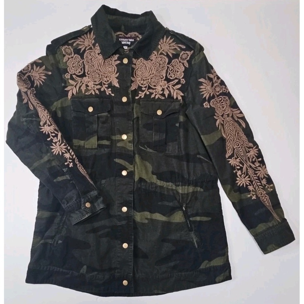 JOHNNY WAS 3J Workshop Miloqui Drawstring Military Coat Floral Embroidered Sz Sm